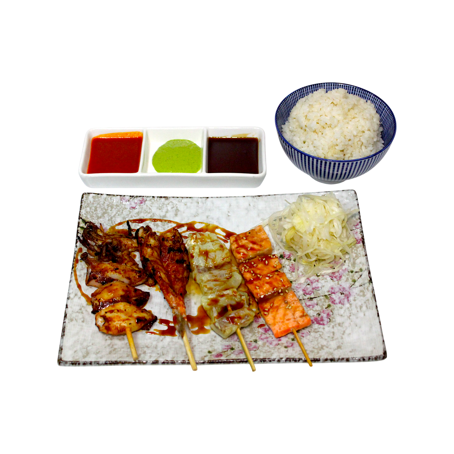 Seafood Spieße - Lachs, Rotbarschfilet, Großgarnelen, Tintenfisch