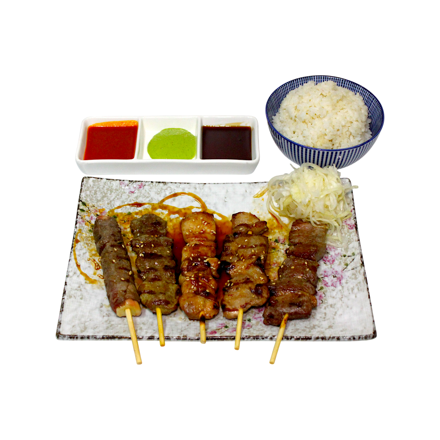 Mixed Meat Spieße - Yakitori, Schwein, Lamm, Ente, Rind mit Käse